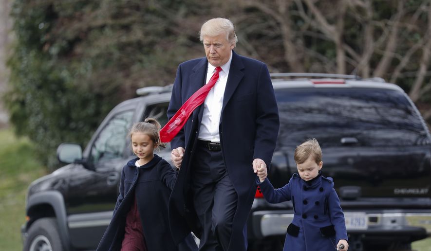 President Donald Trump walks with his grandchildren Arabella Kushner and Joseph Kushner across the South Lawn of the White House in Washington, Friday, March 3, 2017, before boarding Marine One helicopter for the short flight to nearby Andrews Air Force Base, Friday, March 3, 2017. (AP Photo/Pablo Martinez Monsivais)