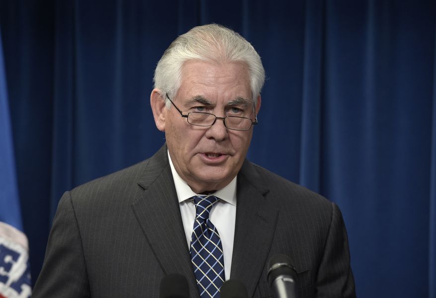 Secretary of State Rex Tillerson makes a statement on issues related to visas and travel, Monday, March 6, 2017, at the U.S. Customs and Border Protection office in Washington. (AP Photo/Susan Walsh)