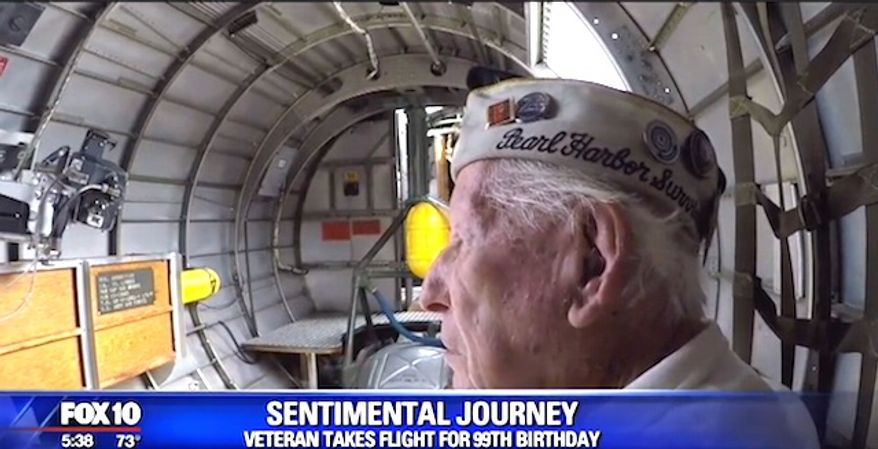 World War II veteran Eugene Leonard took flight in a B-17 bomber for his 99th birthday, Saturday, March 4, 2017. (Fox-10 Phoenix screenshot)