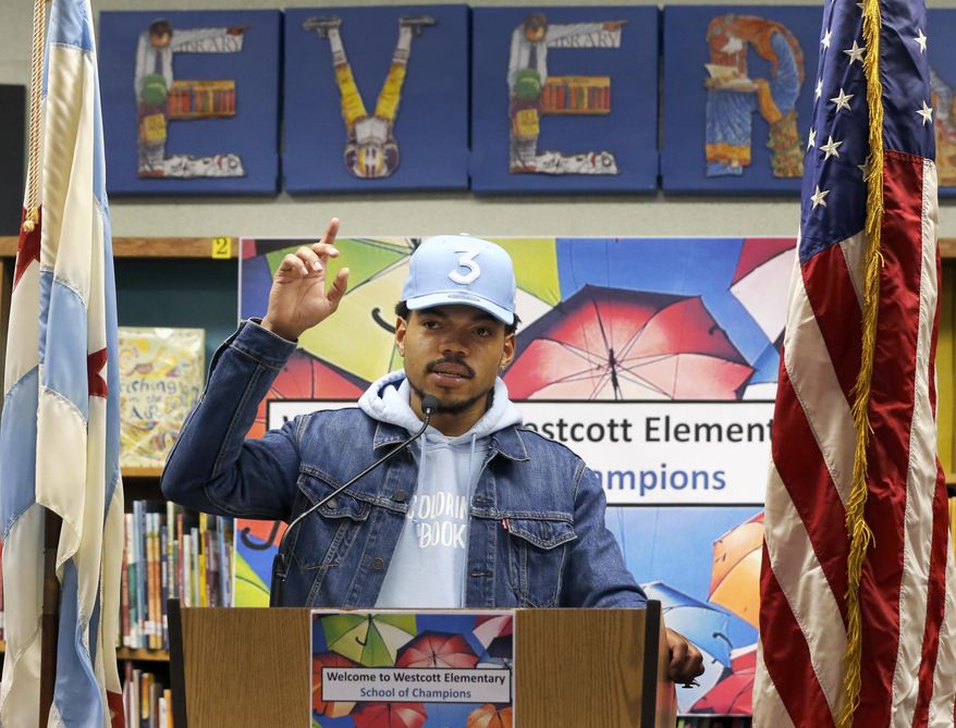 Chance The Rapper announces a gift of $1 million to the Chicago Public School Foundation during a news conference at the Westcott Elementary School, Monday, March 6, 2017, in Chicago. The Grammy-winning artist is calling on Illinois Gov. Bruce Rauner to use executive powers to better fund Chicago Public Schools. (AP Photo/Charles Rex Arbogast)