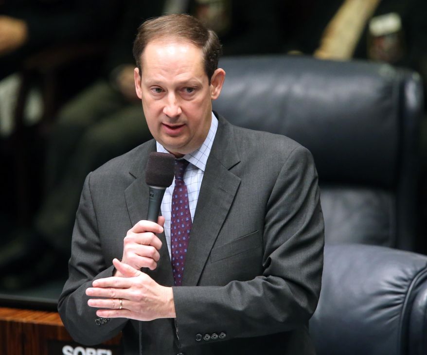 FILE-  In this March 11, 2016 file photo, Sen. President Joe Negron, R-Stuart, speaks during the legislative session in Tallahassee, Fla., Negron and House Speaker Richard Corcoran are Republican lawyers. But the similarities start to drift from there. Negron calls himself boring and he's more the quiet, deliberative type. Corcoran likes listening to music at top volume and his approach to leadership reflects that. (AP Photo/Steve Cannon, File)