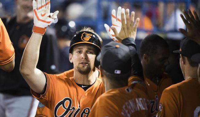 FILE - In this March 2, 2017, file photo, Baltimore Orioles' Caleb Joseph celebrates with teammates after hitting a home run during the third inning of a spring training baseball game against the New York Yankees, in Tampa, Fla. Veteran Orioles catcher Caleb Joseph was gushing over a spring training RBI.s, it’s only spring training, but Joseph’s reaction was understandable. (AP Photo/Matt Rourke, File)