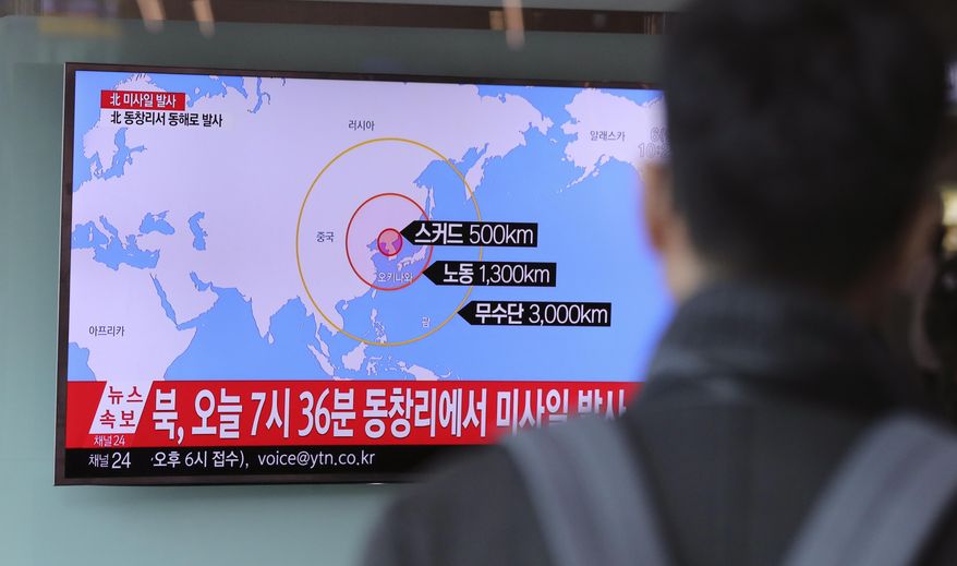A man watches a TV news program reporting about North Korea&#x27;s missile firing at Seoul Train Station in Seoul, South Korea, Monday, March 6, 2017.   North Korea on Monday fired four banned ballistic missiles that flew about 1,000 kilometers (620 miles), with three of them landing in Japan&#x27;s exclusive economic zone, South Korean and Japanese officials said, in an apparent reaction to huge military drills by Washington and Seoul that Pyongyang insists are an invasion rehearsal.  The letters on the top read &amp;quot; North Korea, Fire missile.&amp;quot;  The letters on the top read &amp;quot; North Korea, Fire missile.&amp;quot; (AP Photo/Lee Jin-man)