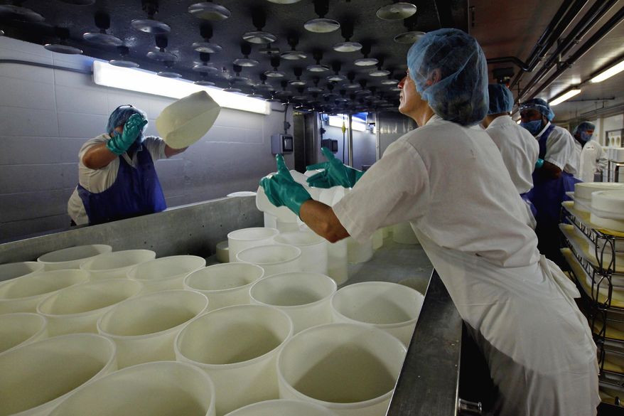 In this Feb. 27, 2017, photo, Brenda Patterson, right, is about to catch a wheel of Grand Cru Surchoix cheese at the Emmi Roth USA production plant in Monroe, Wis. The company won the World Championship Cheese Contest in 2016 for the cheese and since then has seen an increase in sales of the cheese. The contest is organized by the Wisconsin Cheese Makers Association, which also organizes the United States Championship Cheese Contest that runs until March 9 in Green Bay, Wis. The national contest alternates each year. (AP Photo/Carrie Antlfinger)
