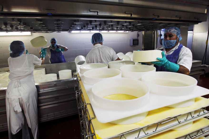 In this Feb. 27, 2017, photo, Brenda Patterson, left, is about to catch a wheel of Grand Cru Surchoix cheese at the Emmi Roth USA production plant in Monroe, Wis. The company won the World Championship Cheese Contest in 2016 for the cheese and since then has seen an increase in sales of the cheese. The contest is organized by the Wisconsin Cheese Makers Association, which also organizes the United States Championship Cheese Contest that runs until March 9 in Green Bay, Wis. The contests are in alternate years. (AP Photo/Carrie Antlfinger)