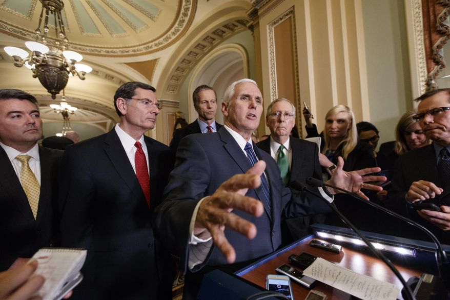 Vice President Mike Pence joins the Senate GOP leadership, from left, Sen. Cory Gardner, R-Colo., Sen. John Barrasso, R-Wyo., Sen. John Thune, R-S.D., and Senate Majority Leader Mitch McConnell of Ky., as Republicans introduce their plan to repeal and replace the Affordable Care Act, President Barack Obama's signature health care law, Tuesday, March 7, 2017, on Capitol Hill in Washington. (AP Photo/J. Scott Applewhite)