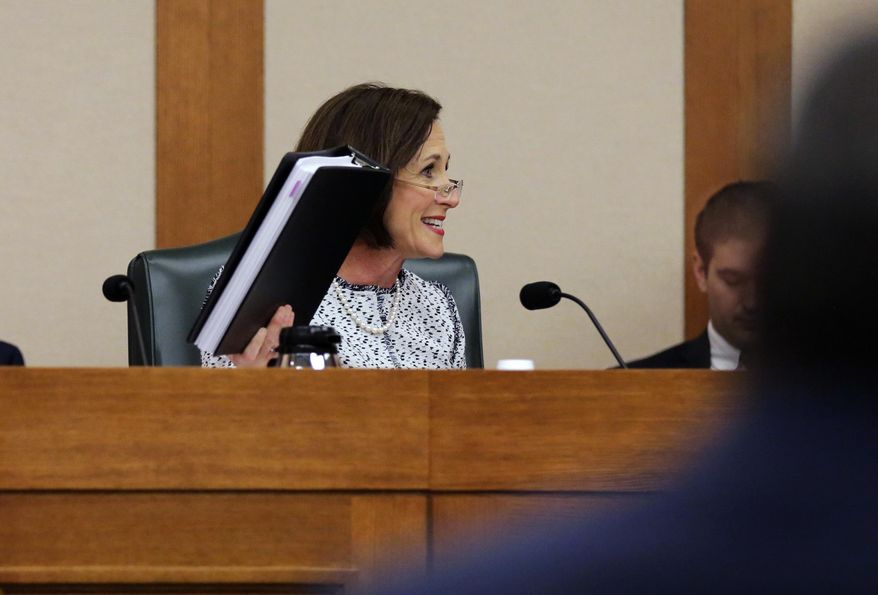 Texas Sen. Lois Kolkhorst, R-Brenham, speaks as the Senate State Affairs Committee begins to debate Senate Bill 6 at the Texas Capitol, Tuesday, March 7, 2017, in Austin, Texas. The the transgender "bathroom bill" would require people to use public bathrooms and restrooms that correspond with the sex on their birth certificate. (AP Photo/Eric Gay)