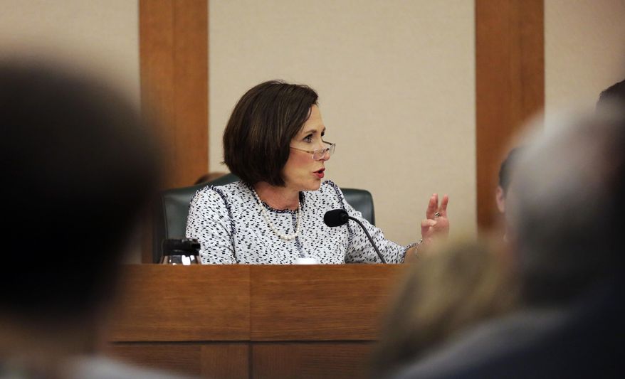 Texas Sen. Lois Kolkhorst, R-Brenham, speaks as the Senate State Affairs Committee begin talks about Senate Bill 6 at the Texas Capitol, Tuesday, March 7, 2017, in Austin, Texas. The the transgender "bathroom bill" would require people to use public bathrooms and restrooms that correspond with the sex on their birth certificate. (AP Photo/Eric Gay)