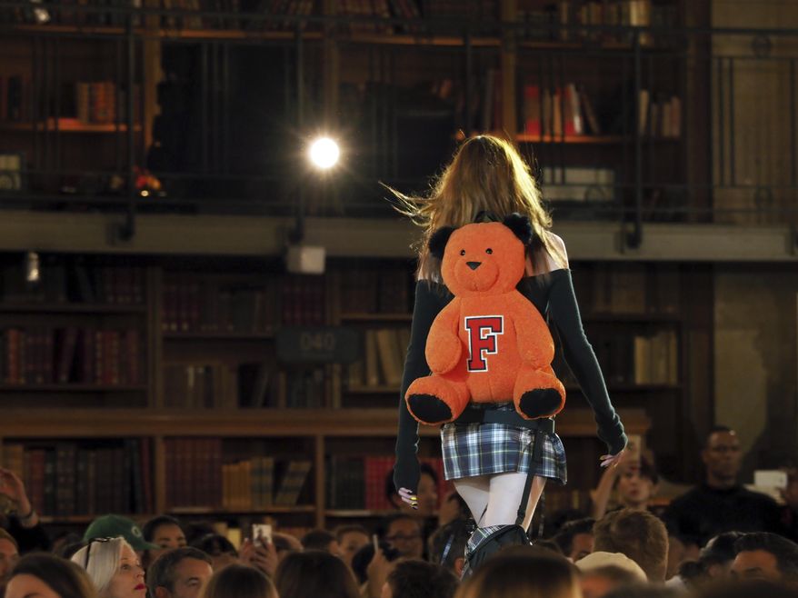 A model wears a creation by fashion designer Rihanna as part of Fenty's Fall-Winter 2017/2018 ready-to-wear collection presented in Paris, Monday March 6, 2017. (AP Photo/Thibault Camus)