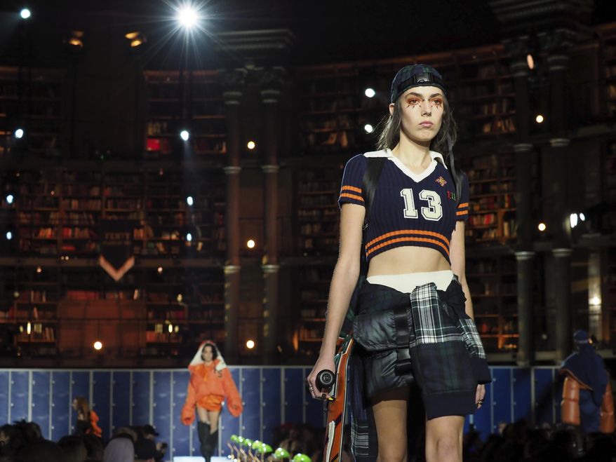 A model wears a creation by fashion designer Rihanna as part of Fenty's Fall-Winter 2017/2018 ready-to-wear collection presented in Paris, Monday March 6, 2017. (AP Photo/Thibault Camus)