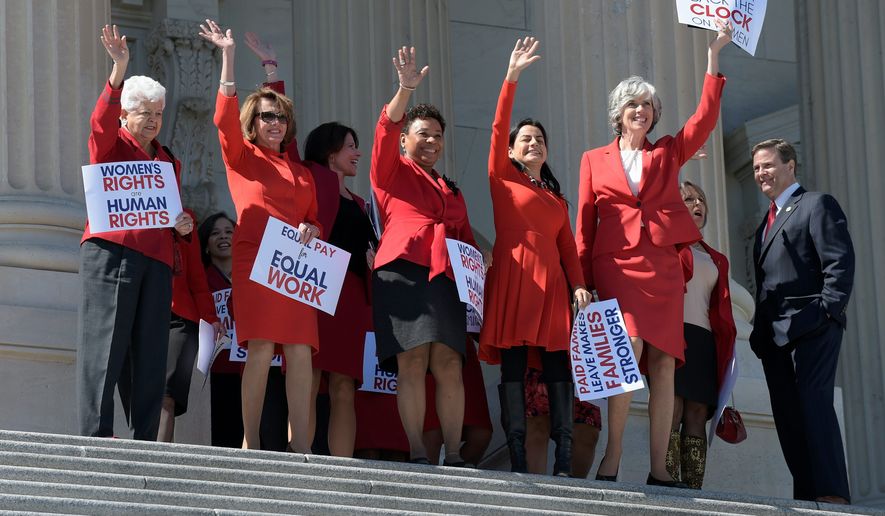 House Minority Leader Nancy Pelosi participated in "A Day Without a Woman" press conference, but she and her fellow Democrats all still went to work on Capitol Hill Wednesday. "There's so much mischief with the Republicans, we dare not turn our backs," said Democrat Rep. Lois Frankel of Florida. (Associated Press)