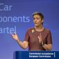 European Commissioner for Competition Margrethe Vestager speaks during a media conference regarding a car component antitrust case at EU headquarters in Brussels on Wednesday, March 8, 2017. (AP Photo/Virginia Mayo) ** FILE **