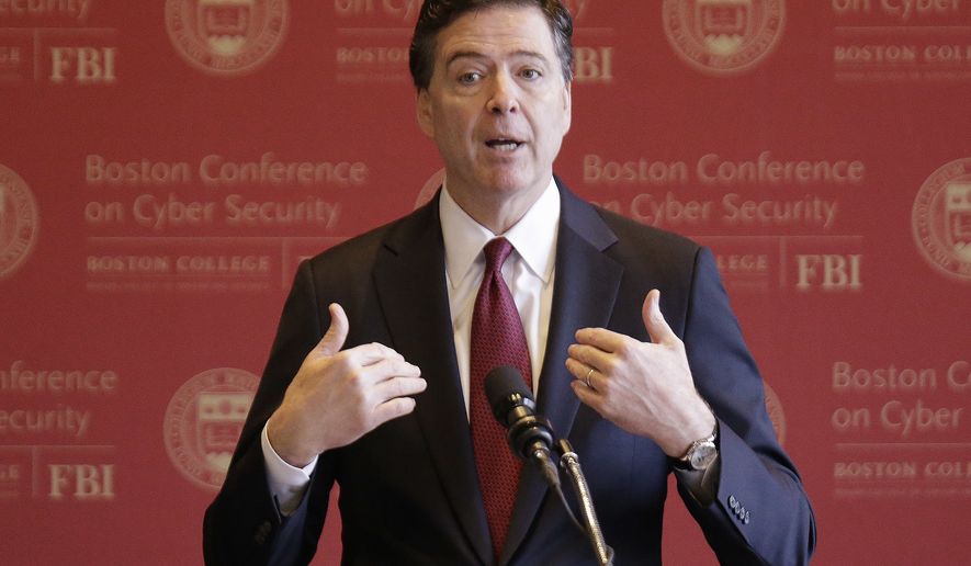 FBI Director James Comey gestures as he speaks on cyber security at the first Boston Conference of Cyber Security at Boston College, Wednesday, March 8, 2017, in Boston. (AP Photo/Stephan Savoia)