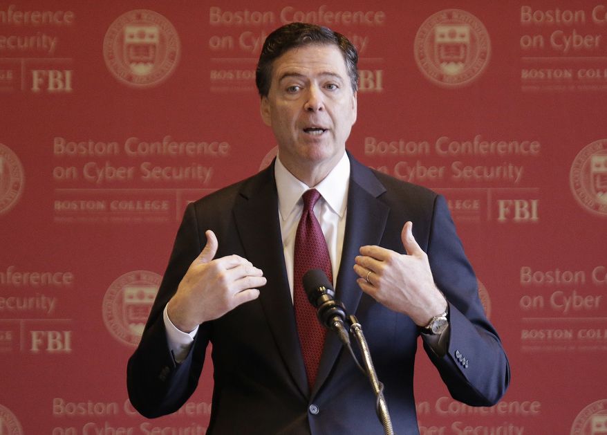 FBI Director James Comey gestures as he speaks on cyber security at the first Boston Conference of Cyber Security at Boston College, Wednesday, March 8, 2017, in Boston. (AP Photo/Stephan Savoia)