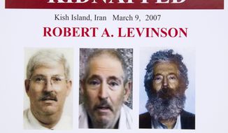 In this March 6, 2012, file photo, an FBI poster showing a composite image of former FBI agent Robert Levinson, right, of how he would look like now after five years in captivity, and an image, center, taken from the video, released by his kidnappers, and a picture before he was kidnapped, left, displayed during a news conference in Washington. It&#39;s been 10 years since former FBI agent Robert Levinson disappeared while in Iran on an unauthorized CIA mission and his family is still waiting for answers. His family tells The Associated Press they hope the new administration of President Donald Trump will do more to find him. (AP Photo/Manuel Balce Ceneta, File)
