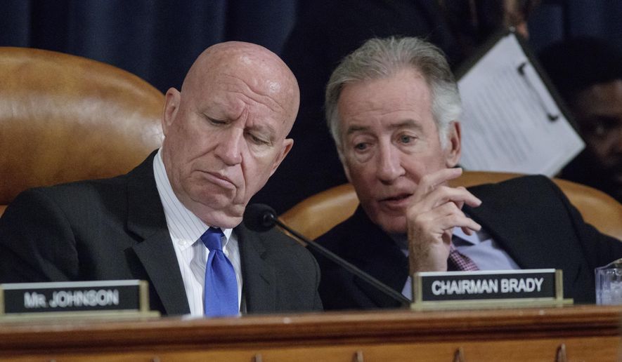 House Ways and Means Committee Chairman Rep. Kevin Brady, R-Texas, left, listens to the committee's ranking member, Rep. Richard Neal, D-Mass., on Capitol Hill in Washington, Wednesday, March 8, 2017, as the committee began markup of the long-awaited plan by Republicans to repeal and replace the Affordable Care Act. (AP Photo/J. Scott Applewhite)