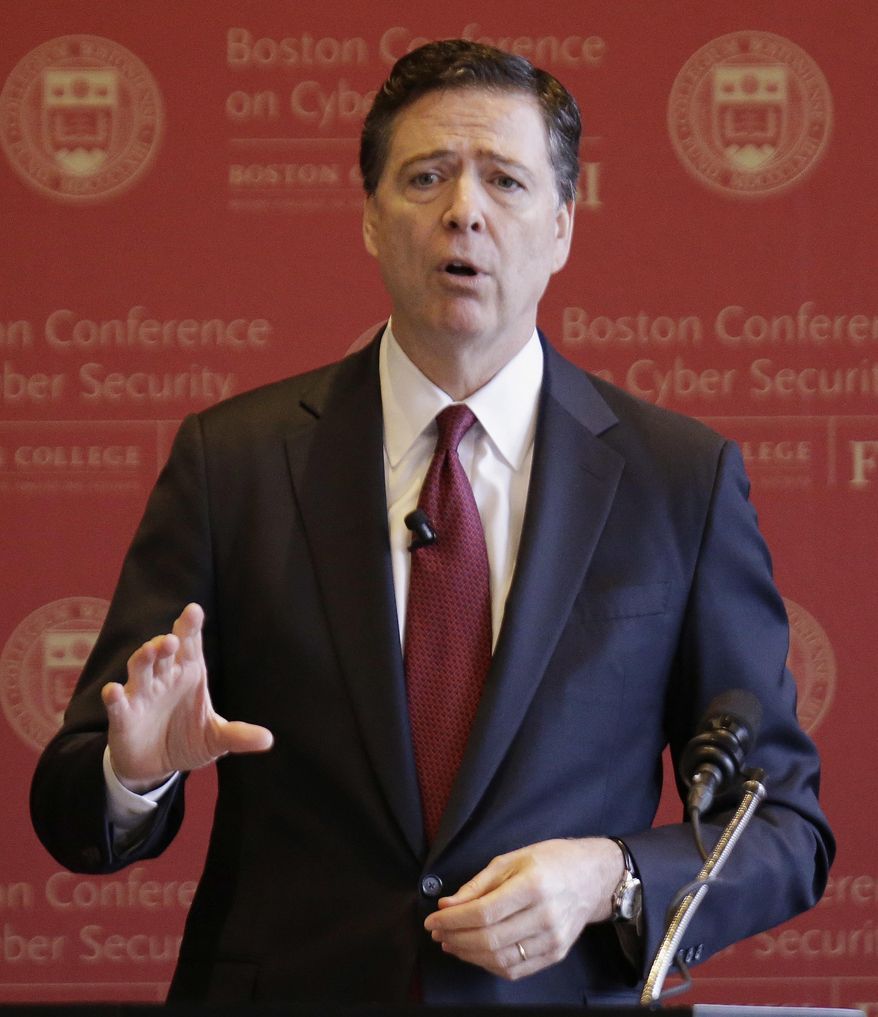 FBI Director James Comey gestures as he speaks on cyber security at the first Boston Conference of Cyber Security at Boston College, Wednesday, March 8, 2017, in Boston. (AP Photo/Stephan Savoia)