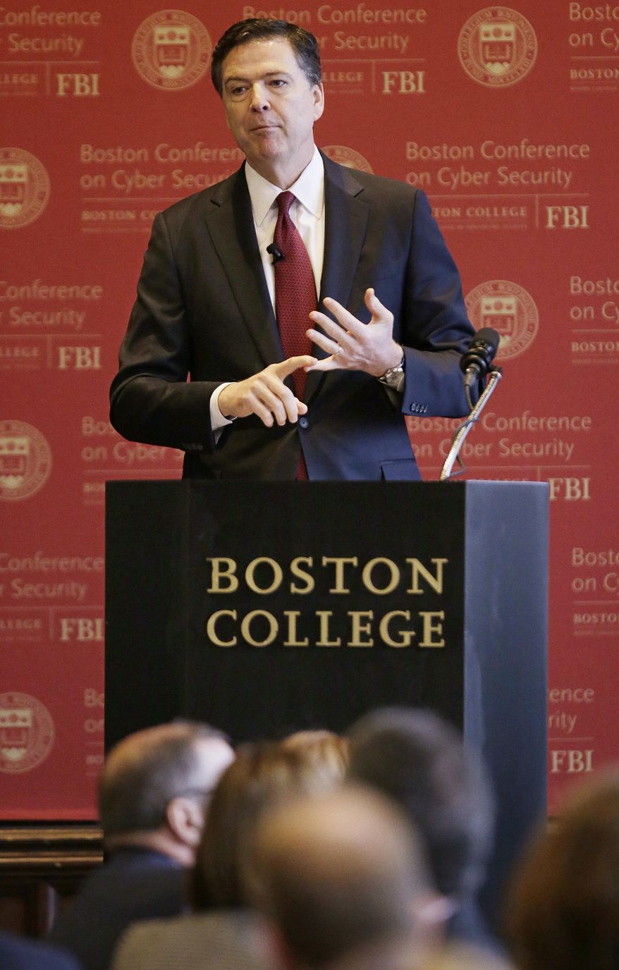 FBI Director James Comey gestures as he speaks on cyber security at the first Boston Conference of Cyber Security at Boston College, Wednesday, March 8, 2017, in Boston. (AP Photo/Stephan Savoia)