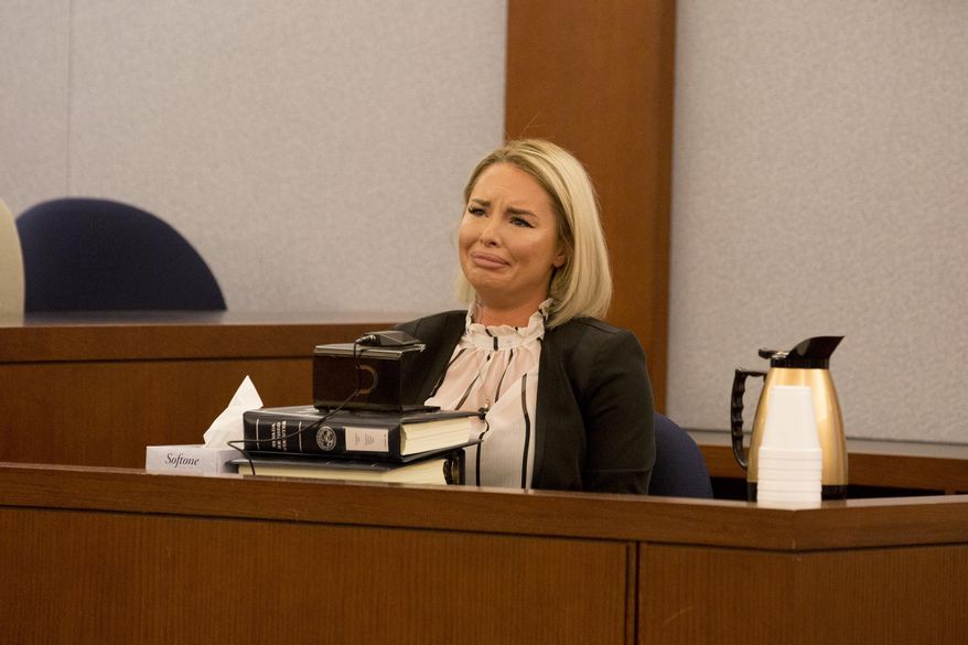 Christine Mackinday, the victim and ex-girlfriend of former mixed martial arts fighter War Machine, also known as Jonathan Koppenhaver, gives her testimony during his sexual assault and attempted murder at the Regional Justice Center, Wednesday, March 8, 2017, Las Vegas. (Elizabeth Brumley/Las Vegas Review-Journal via AP)