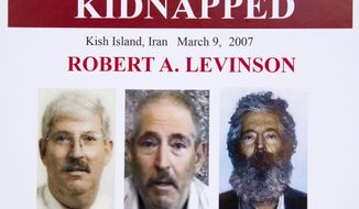 FILE- In this March 6, 2012 file photo, an FBI poster showing a composite image of former FBI agent Robert Levinson, right, of how he would look like now after five years in captivity, and an image, center, taken from the video, released by his kidnappers, and a picture before he was kidnapped, left, displayed during a news conference in Washington. It’s been 10 years since former FBI agent Robert Levinson disappeared while in Iran on an unauthorized CIA mission and his family is still waiting for answers. His family tells The Associated Press they hope the new administration of President Donald Trump will do more to find him. (AP Photo/Manuel Balce Ceneta, File)
