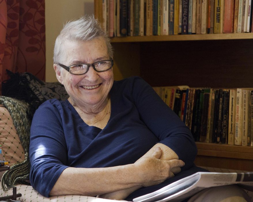 FILE - In this Aug. 30, 2016, file photo, Lynne Stewart talks during an interview at her home in the Brooklyn borough of New York. The outspoken New York civil rights lawyer who represented clients ranging from small-time criminals to radicals and was released early from prison three years ago because she was expected to die of cancer has died. Her husband, Ralph Poynter, said Stewart died Tuesday, March 7, 2017, in the Brooklyn home where she lived after receiving a "compassionate release" from prison in January 2014. (AP Photo/Mark Lennihan, File)