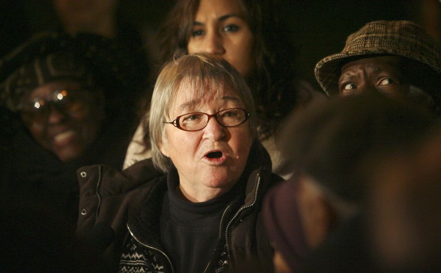 FILE - In this Nov. 19, 2009, file photo, Lynne Stewart speaks to supporters before entering federal court in Manhattan to surrender, in New York. Stewart, the outspoken civil rights lawyer who represented the downtrodden and was disbarred and jailed after being convicted of helping a terrorist client communicate with followers, died Tuesday March 7, 2017, in Brooklyn at age 77. She was released early from prison three years ago because she was expected to die of cancer. (AP Photo/Mary Altaffer, File)