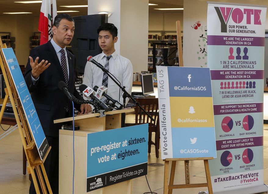 California Secretary of State Alex Padilla, left, joins student Albert Min, for the launch of the California Online Pre-Registration for 16 and 17 Year Olds at Robert F. Kennedy High School in Los Angeles Thursday, March 9, 2017. California youth who pre-register to vote will have their registration become active once they turn 18 years old. Eligible youth can pre-register to vote online at www.registertovote.ca.gov. (AP Photo/Damian Dovarganes)
