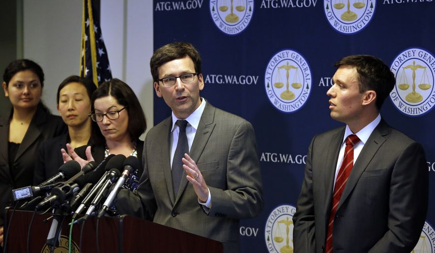 Washington State Attorney General Bob Ferguson speaks at a news conference about the state's response to President Trump's revised travel ban Thursday, March 9, 2017, in Seattle. Legal challenges against Trump's revised travel ban mounted Thursday as Washington state said it would renew its request to block the executive order. It came a day after Hawaii launched its own lawsuit, and Ferguson said both Oregon and New York had asked to join his state's legal action. (AP Photo/Elaine Thompson) **FILE**