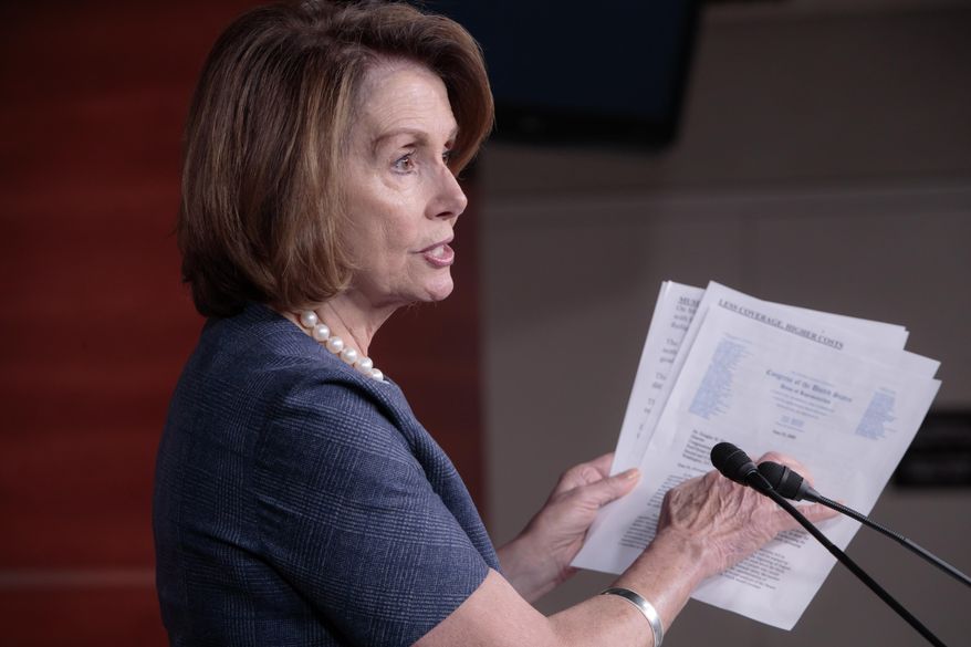 House Minority Leader Nancy Pelosi of Calif. speaks to reporters about Republican efforts to craft an "Obamacare" replacement bill, Thursday, March 9, 2017, on Capitol Hill in Washington. (AP Photo/J. Scott Applewhite)