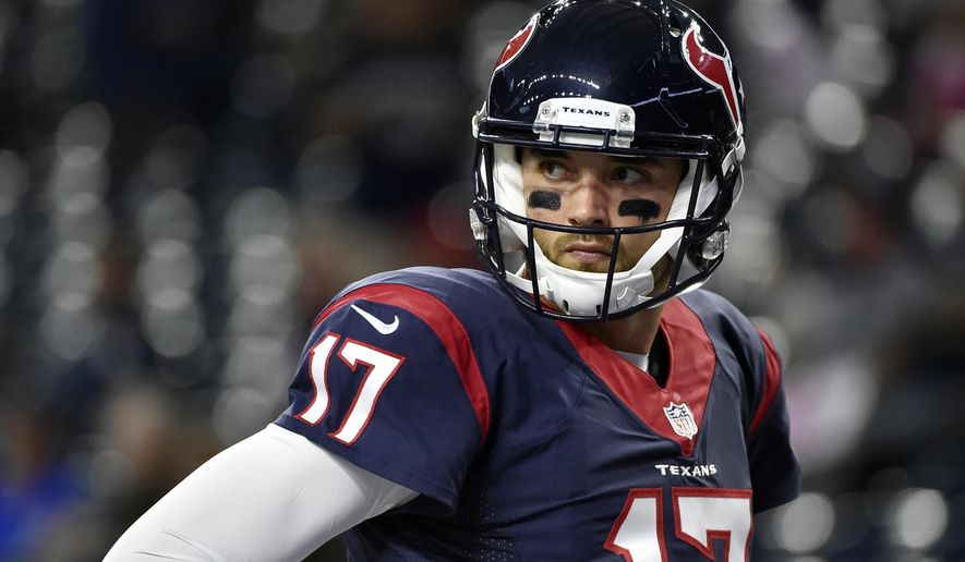 FILE - In this Oct. 16, 2016, file photo, Houston Texans' Brock Osweiler (17) prepares for an NFL football game against the Indianapolis Colts in Houston. The Texans traded Osweiler to the Cleveland Browns on Thursday, March 9, 2017. (AP Photo/George Bridges, File)