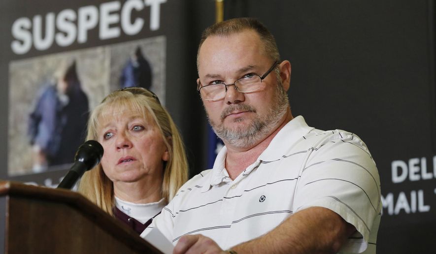 Mike Patty with his wife Becky at his side, fields questions from the media during a news conference for the latest updates on the investigation of the double homicide of Liberty German and Abigail Williams on Thursday, March 9, 2017, at Carroll County Courthouse in Delphi, Indiana. The two Delphi teens who were hiking the Delphi Historic Trails on Feb. 13, were found dead a day later. Mike Patty, is the grandfather of German. (John Terhune/Journal & Courier via AP)