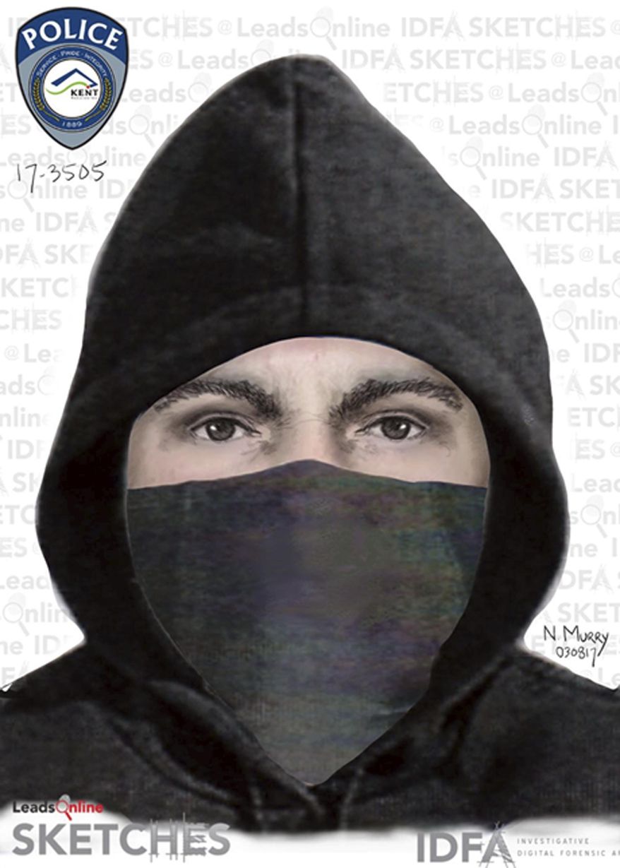This undated sketch provided by the Kent, Wash., Police Department shows a man they and the FBI are seeking the public's help in identifying. He's a suspect in the shooting of a Sikh man in suburban Seattle, who says the man shot him in the arm and told him to go back to his country. (Kent Police Department via AP)