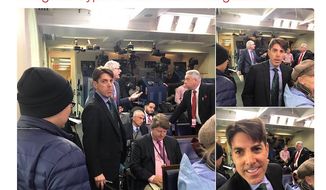 Fox News Radio Jon Decker glares at Gateway Pundit&#39;s Lucian Wintrich prior to an altercation in the White House briefing room on Friday, March 10, 2017. (Twitter, Lucian Wintrich) 
