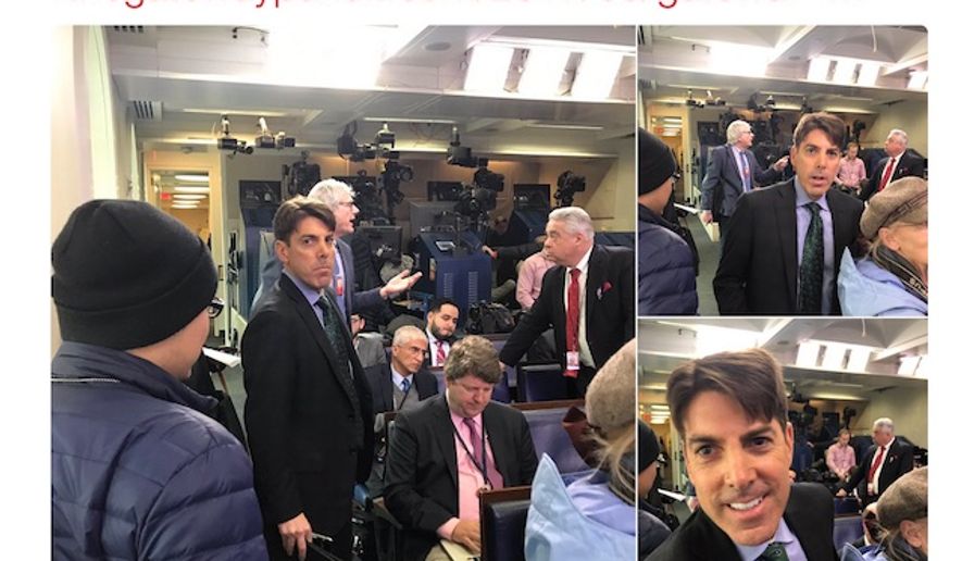 Fox News Radio Jon Decker glares at Gateway Pundit&#39;s Lucian Wintrich prior to an altercation in the White House briefing room on Friday, March 10, 2017. (Twitter, Lucian Wintrich) 