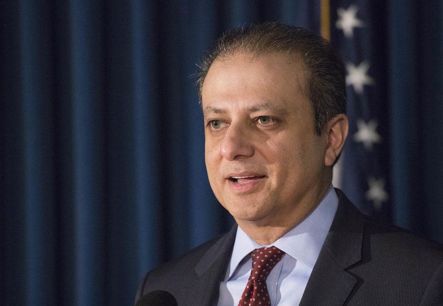 FILE - In this Dec. 21, 2016, file photo, United States District Attorney Preet Bharara announces charges in New York against Navnoor Kang, Deborah Kelley and Gregg Schonhorn. Bharara was not commenting Friday, March 10, 2017, after he was included on a list of prosecutors asked to submit resignation letters as Attorney General Jeff Sessions clears space for prosecutors that can be appointed by President Donald Trump. (AP Photo/Mark Lennihan, File)