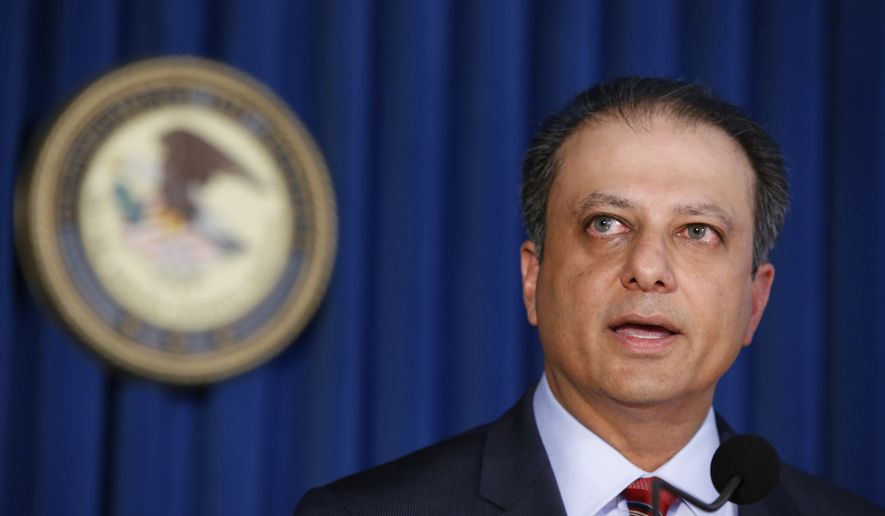 In this Sept. 17, 2015 photo, U.S. Attorney Preet Bharara speaks during a news conference in New York. The outspoken Manhattan federal prosecutor known for crusading against public corruption said on Saturday, March 11, 2017, that he was fired after refusing to resign. (AP Photo/Kathy Willens)