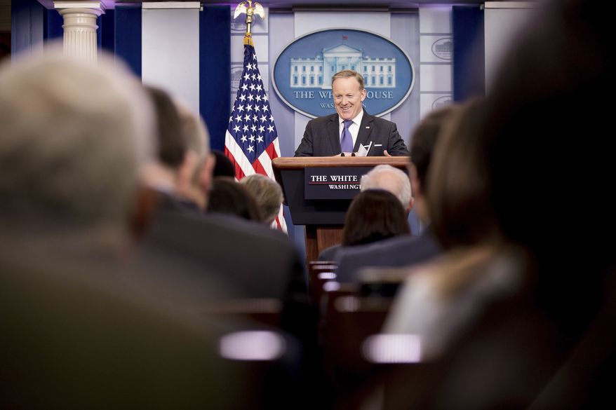 White House press secretary Sean Spicer speaks during the daily press briefing at the White House in Washington, Monday, March 13, 2017. (AP Photo/Andrew Harnik)