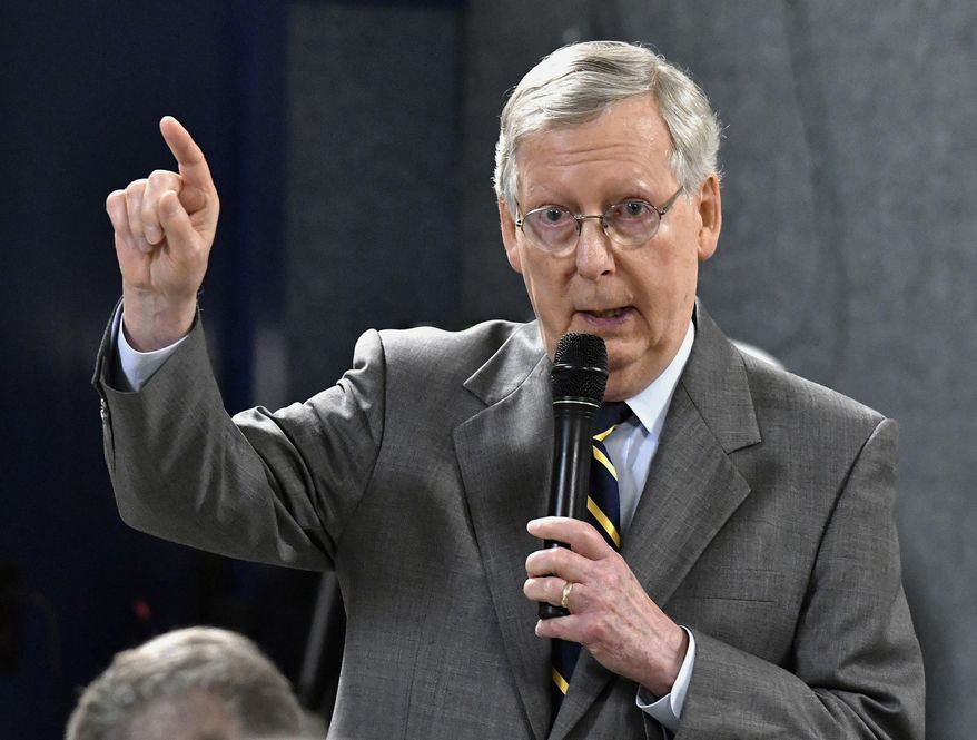 FILE - In this Feb. 21, 2017 file photo, Senate Majority Leader Mitch McConnell, of Kentucky, speaks at the Anderson County Chamber of Commerce luncheon at the American Legion Post 34 in Lawrenceburg, Ky. Top Senate Democrats are warning Republicans controlling Congress against adding billions of dollars for President Donald Trump's U.S.-Mexico border wall to an upcoming $1 trillion-plus catchall spending package. The warning from Senate Minority Leader Chuck Schumer and others came in a letter on Monday, March 13, to McConnell. (AP Photo/Timothy D. Easley, File)