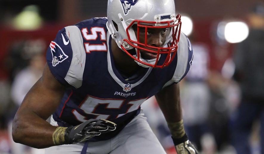 FILE - In this Nov. 13, 2016, file photo, New England Patriots linebacker Barkevious Mingo plays against the Seattle Seahawks during an NFL game in Foxborough, Mass. The Indianapolis Colts have signed free agent linebacker Barkevious Mingo. Mingo agreed to a one-year worth $2.5 million on Thursday. The signing became official Monday. March 13, 2017. (Winslow Townson/File)