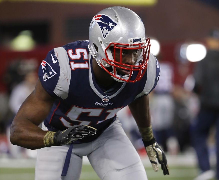 FILE - In this Nov. 13, 2016, file photo, New England Patriots linebacker Barkevious Mingo plays against the Seattle Seahawks during an NFL game in Foxborough, Mass. The Indianapolis Colts have signed free agent linebacker Barkevious Mingo. Mingo agreed to a one-year worth $2.5 million on Thursday. The signing became official Monday. March 13, 2017. (Winslow Townson/File)