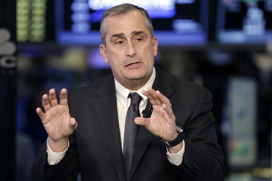 Intel CEO Brian Krzanich is interviewed on the floor of the New York Stock Exchange, Monday, March 13, 2017. Intel will buy Israel's Mobileye in a deal valued at about $15 billion, instantly propelling the computer chip and technology giant to the forefront of autonomous vehicle technology. (AP Photo/Richard Drew)