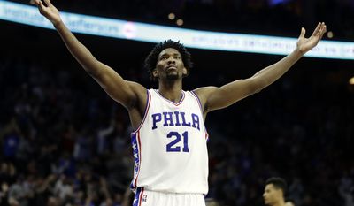 FILE - In this Jan. 27, 2017, file photo, Philadelphia 76ers&#39; Joel Embiid reacts during an NBA basketball game against the Houston Rockets in Philadelphia. Embiid&#39;s numbers are the best in the rookie class. Yet his rookie of the year chances seem very flawed for this reason: Embiid will miss nearly two-thirds of Philadelphia&#39;s season because of injuries. (AP Photo/Matt Slocum, File)