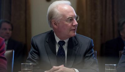 Human and Human Services Secretary Tom Price listens as President Donald Trump speaks during a Cabinet meeting in the Cabinet Room of the White House in Washington, Monday, March 13, 2017. (AP Photo/Andrew Harnik)