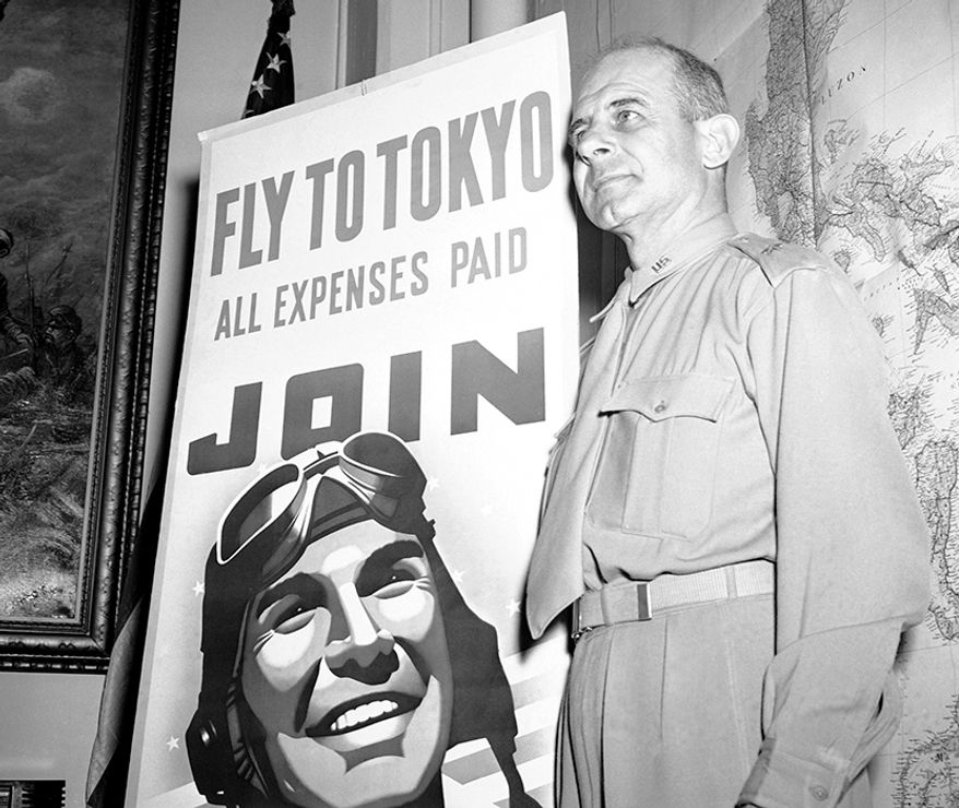 Brigadier General Jimmy Doolittle (December 14, 1896 – September 27, 1993) was an aviation pioneer. A Reserve officer in the United States Army Air Corps, Doolittle was recalled to active duty during World War II and awarded the Medal of Honor for his valor and leadership as commander of the Doolittle Raid, a bold long-range retaliatory air raid on the Japanese main islands weeks after the Attack on Pearl Harbor. He was eventually promoted to lieutenant general and commanded the Twelfth Air Force over North Africa, the Fifteenth Air Force over the Mediterranean, and the Eighth Air Force over Europe. He was given Congressional Medal of Honor by President Roosevelt. (AP Photo)