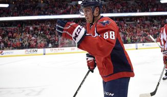Washington Capitals defenseman Nate Schmidt (88) celebrates his goal as he skates to the bench during the first period of an NHL hockey game against the Minnesota Wild, Tuesday, March 14, 2017, in Washington. (AP Photo/Nick Wass)