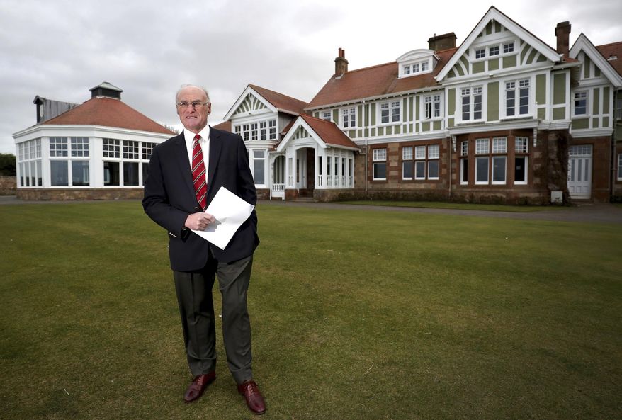 Club captain Henry Fairweather announces that women will be admitted as members of Muirfield Golf Club after a membership ballot was held by The Honourable Company of Edinburgh Golfers, in Gullane, Scotland Tuesday, March 14, 2017. Muirfield Golf Club voted Tuesday to admit female members for the first time in its 273-year history, paving the way for the Scottish golf club to again host the British Open. ( Jane Barlow/PA via AP)
