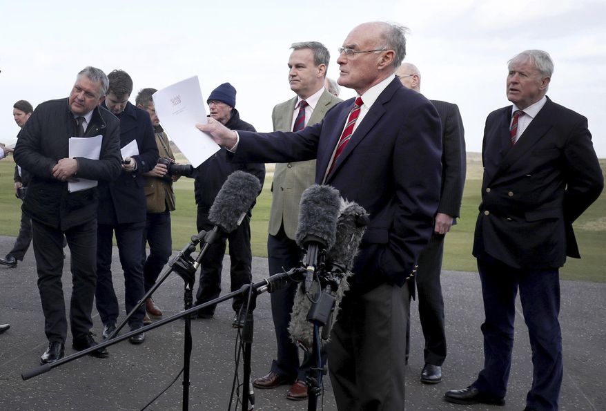 Club captain Henry Fairweather announces that women will be admitted as members of Muirfield Golf Club after a membership ballot was held by The Honourable Company of Edinburgh Golfers, in Gullane, Scotland Tuesday, March 14, 2017. Muirfield Golf Club voted Tuesday to admit female members for the first time in its 273-year history, paving the way for the Scottish golf club to again host the British Open. ( Jane Barlow/PA via AP)
