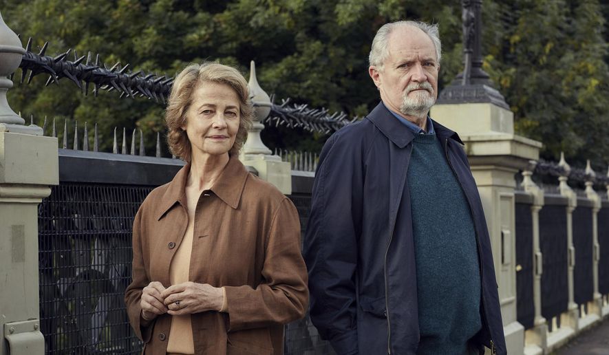 This image released by CBS Films and Lionsgate shows Charlotte Rampling, left, and Jim Broadbent from, "The Sense of an Ending," a film based on the novel by Julian Barnes. (Robert Viglasky/CBS Films and Lionsgate via AP)