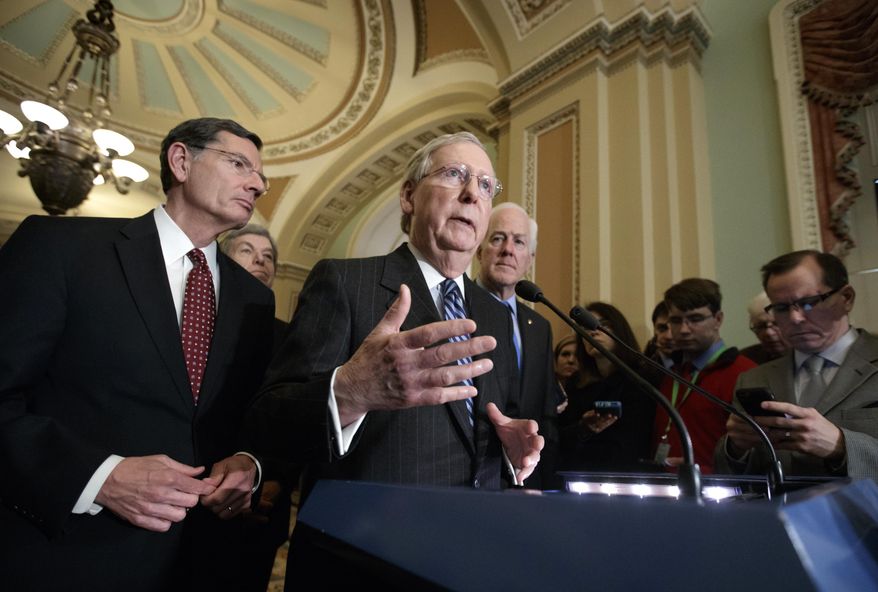 Senate Majority Leader Mitch McConnell, R-Ky., joined by, from left, Sen. John Barrasso, R-Wyo., Sen. Roy Blunt, R-Mo., and Majority Whip John Cornyn, R-Texas, speaks with reporters at the Capitol in Washington, Tuesday, March, 14, 2017. The White House and Republican leaders in Congress are scrambling to shore up support for their health care bill after findings from the Congressional Budget Office estimated that 14 million people would lose insurance coverage in the first year alone under the GOP replacement for Obamacare. (AP Photo/J. Scott Applewhite)
