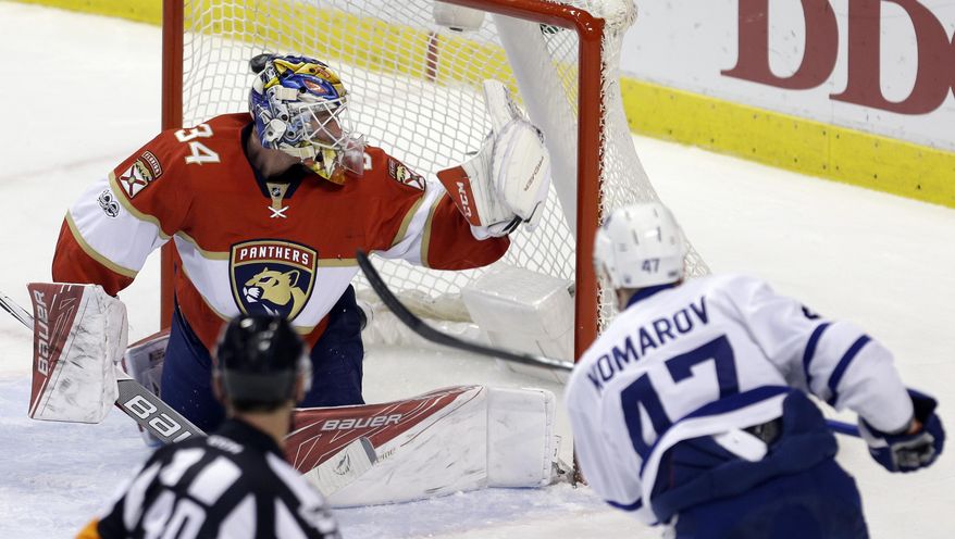 Toronto Maple Leafs center Leo Komarov (47) scores against Florida Panthers goalie James Reimer (34) in the first period of an NHL hockey game, Tuesday, March 14, 2017, in Sunrise, Fla. (AP Photo/Alan Diaz)